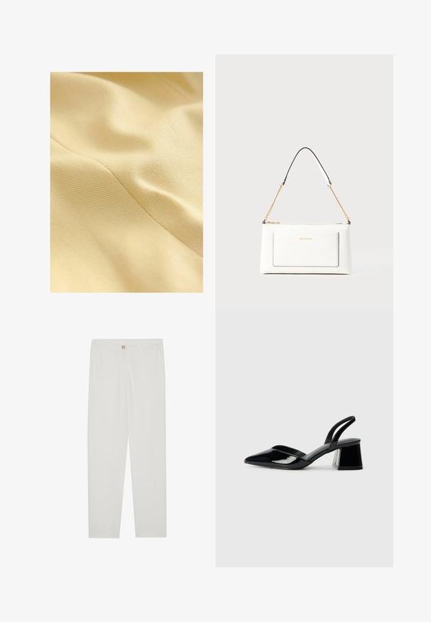 Medvilnės audinys šviesiai geltonos spalvos, pasižymintis tekstūruotu paviršiumi su švelniu blizgesiu ir matomomis siūlėmis. Lygus ir švelnus paviršius.; Kreminės spalvos medvilnės T-shirt su trumpomis rankovėmis ir apvaliu iškirpimu. Priekyje išskirtas centrinis juodas tekstas "LA VIE EST BELLE".; Baltos, pritaikytos kelnės su tiesaus kirpimo dizainu, su sagčių uždarymu, dirželių kilpomis ir šoninėmis kišenėmis; lygus audinio tekstūros.; Juodos lakuotos odinės šlepetės su smailiu pirštu ir geometriniu bloko kulnu. Turi elegantišką, minimalistinį dizainą ir lygų paviršių.; Balta odinė rankinė su tekstūruotu paviršiumi, turinti auksinį grandinėlės dirželį ir juodas detales. Įskaičiuota priekinė kišenė ir užtrauktuko uždarymas.