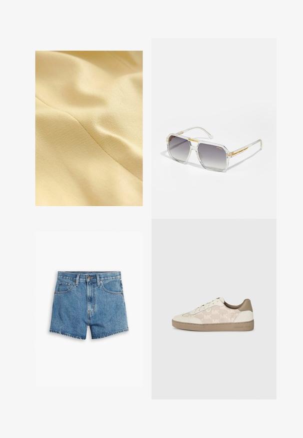 Kavljan bombažni material v bledi rumeni barvi, ki ima strukturirano površino z rahlim leskom in vidnimi šivi. Gladka in mehka tekstura.; Zeleni rebrasti top brez rokavov s tankimi naramnicami in ravnim ovratnikom, ki se zapenja s sprednjim gumbom in ima oprijet kroj.; Jeans kratke hlače v svetlo modri barvi, z povezavami za pet žepov, zadrgo in gumbom. Rob je razfrcan, oblikovane so v sproščenem kroju.; Tenisice z kremasto platneno zgornjo stranjo z ponavljajočim se vzorcem "MK", bež usnjenimi detajli in strukturo svetlo rjave gumene podplate.; Carrera VICTORY UNISEX - Sončna očala - transparent
