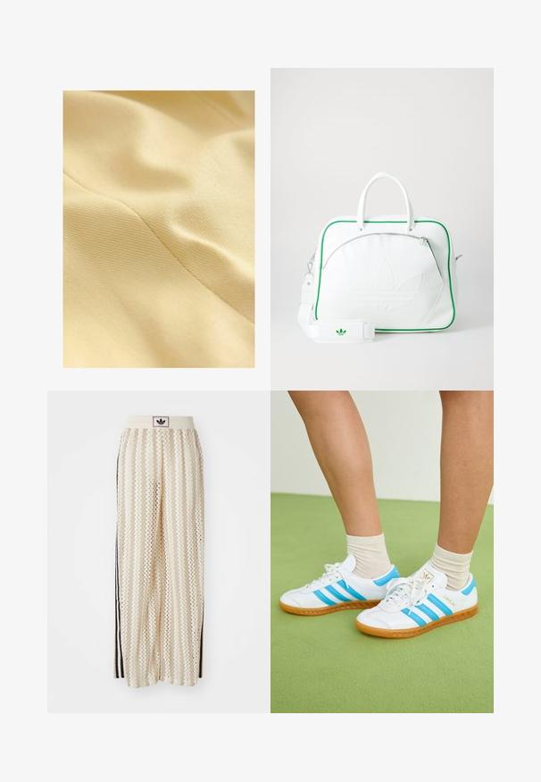Baumwollstoff in zartem Gelb, mit einer strukturierten Oberfläche, die einen subtilen Glanz und sichtbare Nähte aufweist. Glatte und weiche Haptik.; Weißes Baumwoll-T-Shirt mit kurzen Ärmeln und rundem Halsausschnitt. Mit einem schwarzen Adidas-Logo auf der Brust und einem kontrastierenden schwarzen Innenkragen.; Cremfarbene, weit geschnittene Hosen mit einem Zickzackmuster, ausgestattet mit einem schwarzen Logo-Bund und seitlichen schwarzen Streifen. Leichter, strukturierter Stoff.; Weiße Turnschuhe mit hellblauen Streifen, Gummisohle und Schnürdesign. Sie verfügen über eine goldene Markenkennzeichnung und eine glatte, lederähnliche Textur.; Weiße Lederhandtasche mit grünen Akzenten, ausgestattet mit einem auffälligen geprägten Logo, zwei Griffen, einem abnehmbaren Schulterriemen und einer Reißverschlusstasche auf der Vorderseite.