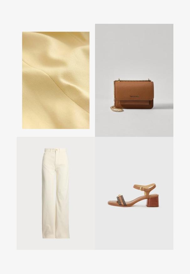 Baumwollstoff in zartem Gelb, mit einer strukturierten Oberfläche, die einen subtilen Glanz und sichtbare Nähte aufweist. Glatte und weiche Haptik.; Braunes, kurzärmliges T-Shirt aus weichem Material mit rundem Halsausschnitt und lockerer Passform. Keine sichtbaren Muster oder Akzente.; Polo Ralph Lauren COTTON CORDUROY WIDE-LEG PANT - Stoffhose - warm white; Tanfarbene Sandale mit quadratischer Zehenpartie, zwei dunkelbraunen Riemen und einer goldenen Schnalle. Verfügt über einen gestapelten Blockabsatz und eine glatte Lederoberfläche.; Braune strukturierte Ledertasche mit goldener Kettenriemen und Klappenverschluss. Die Vorderseite zeigt ein Logo-Detail und eine Tasche unter der Klappe.