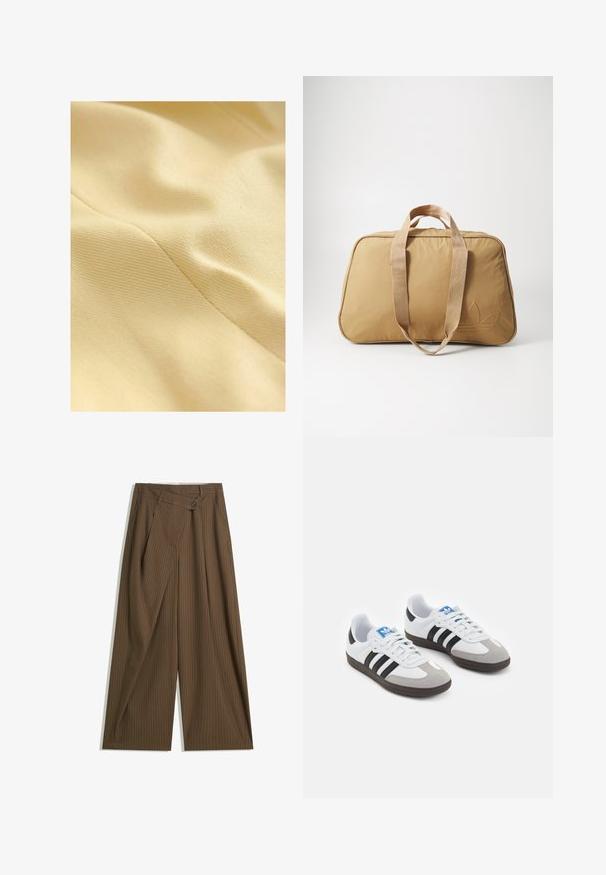 Tessuto di cotone di un giallo pallido, caratterizzato da una superficie texturizzata con una leggera lucentezza e linee di cucitura visibili. Texture liscia e morbida.; Maglietta bianca in cotone, con scollatura rotonda nera e tre strisce nere su ciascuna spalla. Piccolo logo nero sul petto.; Pantaloni larghi marroni con sottili righe bianche, vita alta, chiusura frontale con bottone e pannello sovrapposto in stile avvolgente.; Scarpe sportive con tomaia in pelle bianca, punta in suede grigia e tre strisce nere. Presentano un logo blu sulla linguetta e una suola in gomma testurizzata.; Borsa duffel tan con due manici in tessuto, texture liscia, chiusura con zip, forma ovale e un logo in rilievo discreto su un lato.