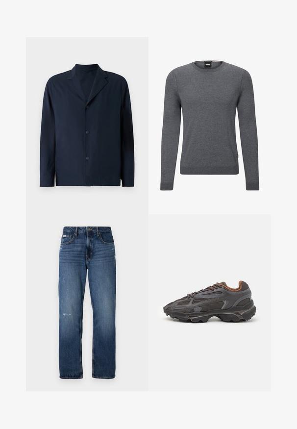Granatowa kurtka o gładkiej fakturze, z wyrazistym kołnierzem, długimi rękawami i pięcioma guzikami z przodu do zapięcia.; Szary sweter z okrągłym dekoltem wykonany z miękkiej dzianiny. Ma długie rękawy, ściągacze przy mankietach i na dole oraz małą metkę z logo z boku.; Niebieskie dżinsy z prostą nogawką. Posiadają wyblakłe obszary oraz lekkie przetarcia na przodzie, z klasycznym zapięciem na guzik.; Sneakers Lacoste w ciemnoszarym kolorze, wykonane z siateczki i materiału syntetycznego, z teksturowaną podeszwą oraz brązowymi akcentami na kołnierzu i logotypie.