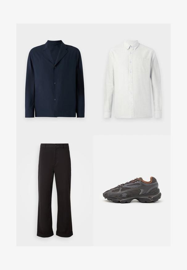 Mörkblå jacka av slätt tyg med slagkrage, långa ärmar och fem knappar framtill för stängning.; Ljust färgad, långärmad skjorta med vertikala ränder, knapp-ner krage och bröstficka. Tyget ser texturerat ut med en mjuk yta.; Svarta byxor med rak passform, tillverkade av ett lättviktsmaterial. Har en klassisk knappstängning och uppvikta benslut.; Lacoste-sneakers i mörkgrått med nät och syntetmaterial, med en strukturerad sula och bruna detaljer på kragen och varumärket.