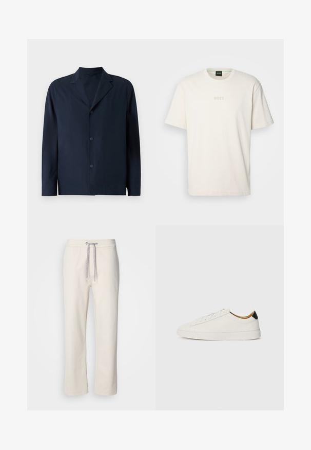 Tamsiai mėlyna striukė, pagaminta iš lygaus audinio, su įpjovu apykakle, ilgomis rankovėmis ir penkiais mygtukais priekyje uždarymui.; BOSS TEE - Paprasti marškinėliai - open white; Kremo spalvos laisvalaikio kelnės su raišteliu ir tiesiomis kojomis, eksponuojamos ant baltos vienodą fono.; Balti sportbačiai su lygia oda, apvalia pirštine ir plokščiu padu. Juodas akcentas prie kulno, su toniniais raišteliais ir minimaliais prekių ženklais.