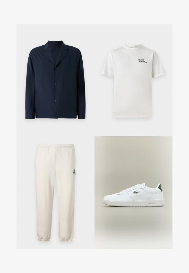 Casaco azul marinho feito de tecido suave, apresentando colarinho notched, mangas longas e cinco botões na parte da frente para fecho.; T-shirt de algodão branco com decote redondo, mangas curtas e um pequeno logótipo bordado apresentando montanhas e texto no lado esquerdo do peito.; Sweatpants beige claros feitos de algodão, com um cós elástico, punhos canelados e um logótipo verde com desenho de folha na perna esquerda.; Sapatilha de couro branca com um acabamento suave, detalhes verdes no calcanhar e um logótipo verde na lateral. Apresenta sola plana e bico redondo.