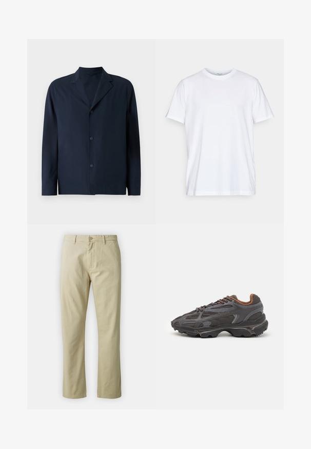 Navy blue jacket made of smooth fabric featuring a notched collar, long sleeves, and five buttons down the front for closure.; White cotton t-shirt with short sleeves, round crew neckline, and a relaxed fit. Features minimalistic design, no patterns or accents.; Beige cotton trousers with a straight-leg design, front button closure, and belt loops. Smooth texture, no visible patterns or accents.; Lacoste sneakers in dark gray with mesh and synthetic material, featuring a textured sole and brown accents on the collar and branding.