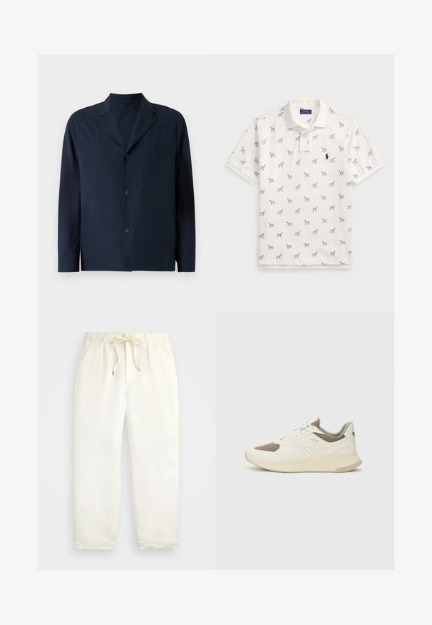 Námořnická modrá bunda vyrobená z hladkého materiálu, se zářezovým límcem, dlouhými rukávy a pěti knoflíky vpředu pro zapínání.; Bílá polo tričko vyrobené z bavlny, s opakovaným modrým vzorem psů a malým modrým logem na hrudi. Krátké rukávy a límeček.; Světle krémové, volné kalhoty vyrobené z měkké látky. Mají elastický pás s tkaničkou a zúžený střih nohavic.; Bílé a světle béžové atletické tenisky, které mají síťovaný svršek, perforované detaily a texturovanou mezipodešev s logem na patě.