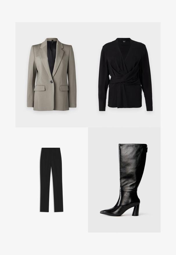 Blazer grigio chiaro realizzato in tessuto liscio, con chiusura a un bottone, due tasche frontali e colletto a punta. Foderato in nero.; Top avvolgente nero in tessuto morbido, con maniche lunghe, scollatura a V e una cintura annodata che accentua la vita. Tessuto liscio.; Pantaloni neri su misura con un design a gamba dritta, dotati di tasche frontali e un tessuto liscio e strutturato. Dettagli ordinati e minimalisti.; Stivale in pelle nera, alto fino al ginocchio, con punta affusolata, superficie liscia e tacco spesso. Presenta un dettaglio con zip sul retro.
