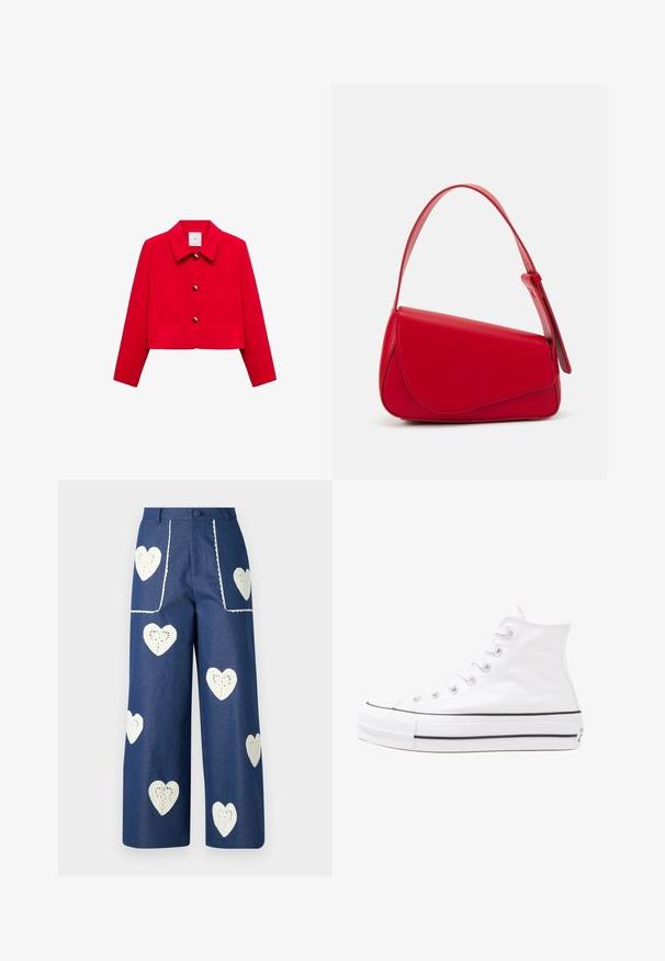 Mango Blazer - red; Rood T-shirt met korte mouwen, met Mickey en Minnie Mouse in kerstoutfits, waarbij Minnie Mickey een kus op de wang geeft met een sneeuwvlokachtergrond.; Sister Jane HEART TO HEART - Straight leg jeans - blue denim; Witte high-top canvas sneakers met een zwarte rubberen zool, een rubberen neuskap aan de voorkant en zes gaatjes voor veters, met een schone, minimalistische uitstraling.; Rode leren handtas met een hoekig, geometrisch ontwerp. Beschikt over een enkele verstelbare schouderriem en een klepclosure met gestikte details.