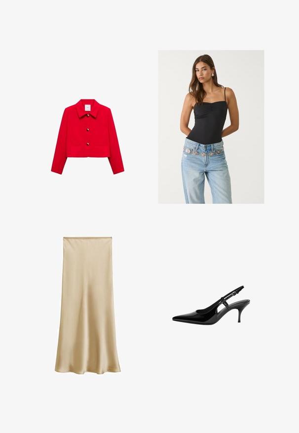 Mango Blejzer - red; Čierny priliehavý body s štvorcovým výstrihom, v kombinácii so svetlomodrými džínsami, ktoré majú dekoračný strieborný a ružový opasok.; Béžová saténová midi sukňa s hladkým povrchom a slabým leskom, so priliehavým pásom a splývavým strihom. Bez viditeľných vzorov alebo ozdôb.; Čierne lakované lodičky na podpätku so špicatou špičkou, otvorenými bokmi, štíhlým podpätkom a nastaviteľným remienkom okolo členka.