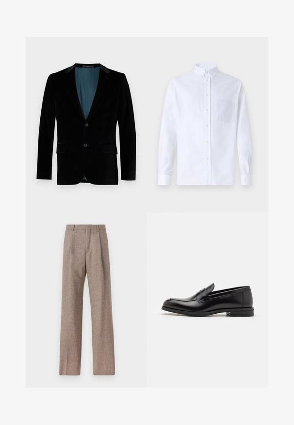 Must mustrikotid, millel on slim fit, lõikega krae, kaks esimist taskut, ühe nööbi sulgemine ja kontrastne helesinine vooder.; Valge pikamaa varrukatega nööbiga särk, mis on valmistatud puuvillast ja millel on rinna tasku toon-toonis brodeeringuga, krae ja nööbiga mansetid.; Prunnid, kõrge vöökohaga püksid, mis on valmistatud tekstureeritud kangast. Omavad laiu jalgu ja kahte eesmist voldikut struktuuri jaoks. Korralik viimistlus, ilma nähtava riistvarata.; Mustad mustad nahast loafers sileda tekstuuriga, ümarat ninaosa ja dekoratiivne riba vampi üle. Madal kihiline konts, minimalistlik disain.