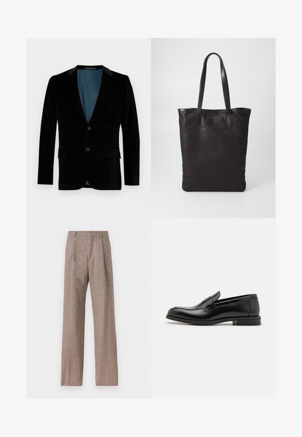 Mustassa sametista tehty bleiseri, jossa on slim fit -leikkaus, lovetut kaulukset, kaksi etutaskua, yksittäinen nappikiinnitys ja kontrastivärinen teal-vuori.; Valkoinen pitkähihaista napillista paitaa, joka on valmistettu puuvillasta. Paita sisältää rinnan kohdalla taskun, jossa on samaa sävyä oleva brodeeraus, kauluksen sekä napilliset hihansuut.; Ruskejat, korkeavyötäröiset housut, jotka on valmistettu teksturoidusta kankaasta. Ominaisuuksina ovat leveät lahkeet ja kaksi etupuolelle ommeltua laskosta rakenteen tukemiseksi. Siisti viimeistely ilman näkyvää metalliosaa.; Mustat nahkakengät, joissa on sileä pinta, pyöreä kärki ja koristeellinen nauha jalkapöydän yli. Matala pinoitu koroke, minimalistinen muotoilu.; Mustat kangaskassit mustilla nahkahandleilla. Yksinkertainen muotoilu, tilava runko ja sileä pinta. Ei näkyviä logoja tai kuvioita.