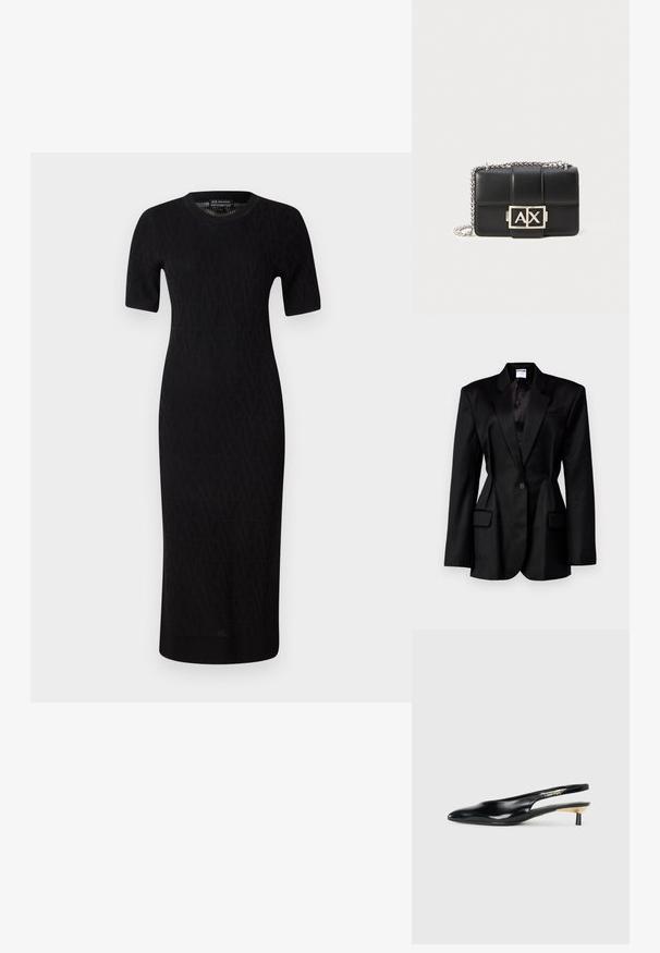 Černý blejzer s přiléhavým střihem, s prostřihovými klopami, jednozápadkovým zapínáním, dvěma předními kapsami a saténovou podšívkou. Texturovaná tkanina.; Černé pletené midi šaty s krátkým rukávem, zdobené geometrickým vzorem a kulatým výstřihem. Hladká textura a přiléhající silueta.; Černé slingback lodičky s špičatou špičkou, lesklým koženým povrchem a malým podpatkem se zlatým akcentem. Elegantní design s otevřenou zadní částí.; Černá kožená kabelka s prošívaným designem, stříbrným řetízkem a výrazným stříbrným logem "AX" na přední straně. Kompaktní obdélníkový tvar.