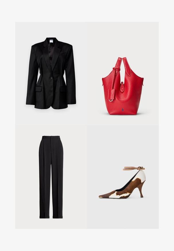 Čierny blazer s prispôsobeným strihom, klopovými goliermi, jednom gombíkovým zapínaním, dvoma prednými vreckami a saténovou podšívkou. Štruktúrovaná tkanina.; Biela dlhá košeľa s gombíkmi a asymetrickým prehnutým rukávom s prehnaním na pravej strane, zviazaná na zápästí.; Čierne prispôsobené nohavice s vysokým pásom, prednými záhybmi, rovnými nohavicami a manžetami na leme. Vyrobené z hladkej tkaniny.; Hnedočierne a biele topánky na vysokom podpätku s ostrou špičkou, textúrovaným povrchom a členkovým remienkom so svetlohnedou prackou.; Červená kožená kabelka s textúrovaným povrchom, zakriveným tvarom, dvojitými hornými uchami a malým odnímateľným akcentovým štítkom. Obsahuje logo v modrej farbe.