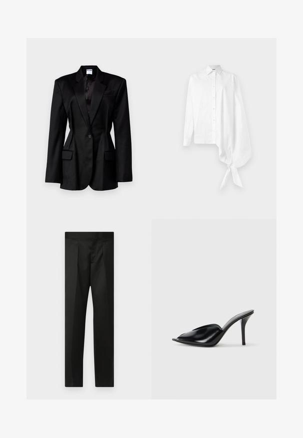 Must naiste ülikond, millel on kohandatud lõige, kitsad krae, ühekohaline sulgemine, kaks esist pocketit ja satiinvooder. Tekstuuriga kangas.; Valge pikakätiline nööpidega särk, millel on asümmeetriline, ülevõetud varrukas, sidunud paremal küljel randme ümber.; Mustad püksid, millel on sile kangas, täpselt valmistatud disain, sirged sääred ja lame vöökoht, ilma nähtavate kinnituste või taskuteta.; Mustad nahast kõrge kontsaga mulad avatud varbaga, terava disainiga, siledapinnalised ja kitsaste stilettokontsadega.
