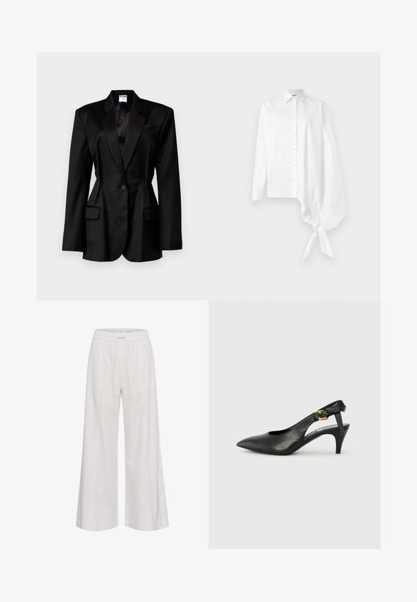 Czarna marynarka o dopasowanym kroju, z klapami typu notch, jednolitym zapięciem na guzik, dwiema przednimi kieszeniami oraz satynową podszewką. Materiał o teksturowanej powierzchni.; Biała, długosleeva koszula zapinana na guziki z asymetrycznym, oversize'owym rękawem zebranym pod szyją, związanym w nadgarstku po prawej stronie.; Spodnie z szerokimi nogawkami z miękkiego białego materiału, z elastycznym pasem z sznurkiem, gładką fakturą i bez dodatkowych ozdób.; Czarne skórzane szpilki slingback z ostrym noskiem, małym obcasem i zapięciem na klamrę przy pasku kostki. Gładka tekstura, minimalistyczny design.