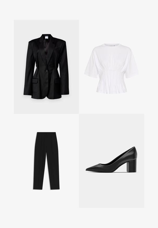 Black blazer with a tailored fit, notch lapels, single button closure, two front pockets, and a satin lining. Textured fabric.; White short-sleeve top made of soft fabric, featuring a round neckline and gathered detailing at the waist for a fitted look.; Black trousers with a straight fit, featuring double pleats, a smooth texture, and a classic waistband design. No visible hardware or accents.; Black leather pump with a pointed toe and a chunky square heel. Smooth texture, simple design, suitable for formal settings.