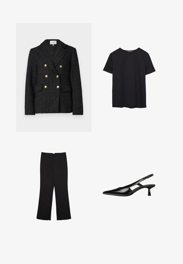 Černé tvídové sako s dvojitým zapínáním, zlatými knoflíkovými detaily, klopami a dvěma předními kapsami. Texturovaná látka.; Jednoduché černé bavlněné tričko s krátkým rukávem a kulatým výstřihem, vystavené na bílém pozadí.; Černé kalhoty s rovným střihem, s předními kapsami a bočními rozparky na lemu. Vyrobené z jemné, hladké tkaniny. Vhodné na různé příležitosti.; Černé lakované lodičky na podpatku se špičatou špičkou, výřezovým designem na boku a malým čtvercovým podpatkem. Hladká textura s minimálními akcenty.