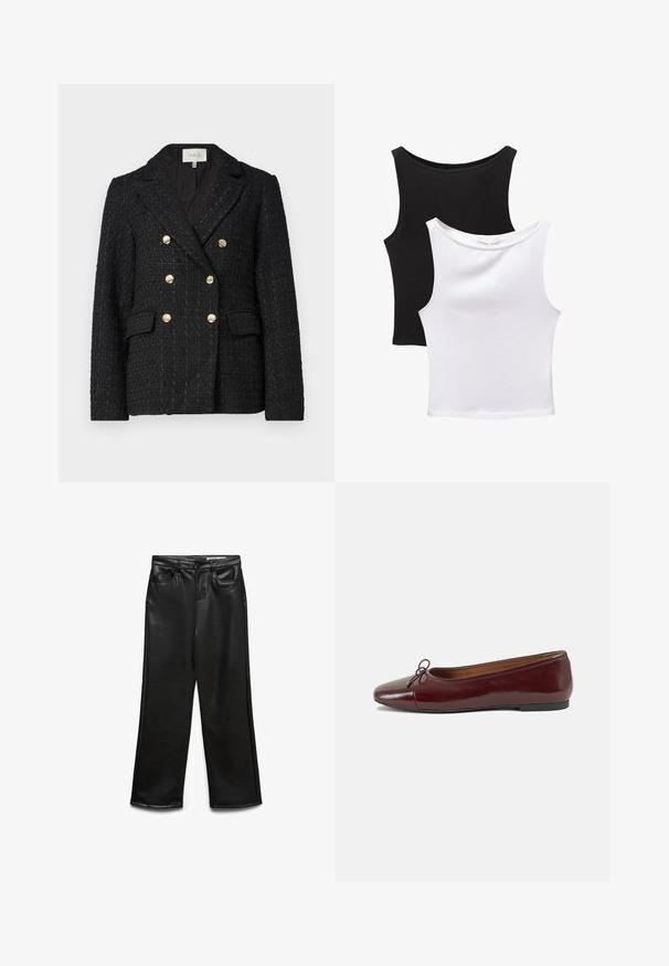 Musta tweed-takki kaksirivisellä muotoilulla, kullalla korostetut napit, lovetut läpät ja kaksi etutaskua. Rakenneosa.; Kaksi hihattomaa toppia mustana ja valkoisena, valmistettu puuvillasta. Ominaisuuksina pyöreät pääntiet ja kapea muotoilu, joissa on sileä pinta.; Mustat keinonahkaiset leveälahkeiset housut, joissa on etutaskut, vyölenkit ja hienovarainen kiilto. Sileä pinta ja räätälöity istuvuus.; Burgundin värinen lakattu nahkainen ballerinatossu pyöreällä varvaskärjellä, pienen nauhan yksityiskohdalla edessä ja matalalla mustalla kumipohjalla. Sujuva pinta.