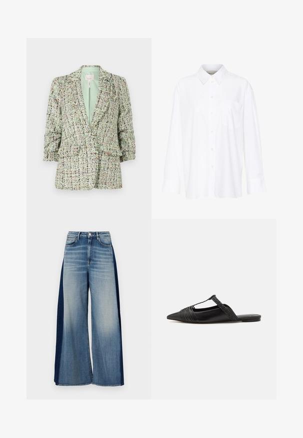 Blazer verde testurizzato realizzato in tessuto intrecciato con inserti multicolori. Presenta una chiusura a due bottoni e maniche leggermente a sbuffo.; Camicia bianca a maniche lunghe con colletto in cotone. Caratterizzata da una chiusura con bottoni e una tasca sul petto singola. Tessuto liscio, vestibilità comoda.; Jeans in denim a gamba larga con un design bicolore, fronte azzurro chiaro e pannelli laterali blu scuro, dotati di una vita classica e chiusura con bottone.; Scarpa slingback in pelle nera con punta appuntita, con un dettaglio intrecciato e un design superiore plissettato. Suola piatta con hardware minimale.