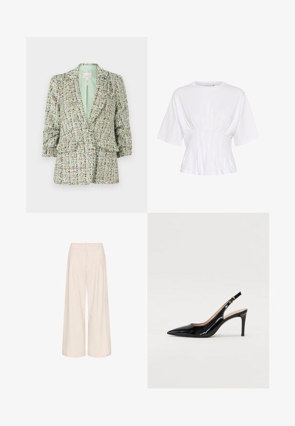 Zelena blazer z teksturo, izdelana iz tkanine z wove, obogatena z večbarvnimi odtenki. Ima zapiranje na dva gumba in rahlo napihnjene rokave.; Bela kratka majica s kratkimi rokavi, izdelana iz mehkega materiala, z okroglim izrezom in nabranimi detajli v pasu za telesno prilegajoč videz.; Kremne hlače širokega kroja z gubami, narejene iz gladkega materiala. Imajo visok pas in stranske žepe za funkcionalnost.; Črne lakirane slingback čevlje z izostrenim nosom, ozkim peto in subtilnim izrezom. Na traku je zlata sponka.
