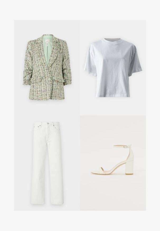 Teksturowany zielony żakiet wykonany z tkanej tkaniny z wielokolorowymi nitkami. Posiada zapięcie na dwa guziki i lekko uniesione rękawy.; IVY OAK KYLA biały; Białe dżinsy o prostym kroju nogawki, pięciokomorowym fasonie oraz metalowymi akcentami na pasku i kieszeniach.; Białe skórzane sandały na blokowym obcasie z paskiem wokół kostki z klamrą i minimalistycznym wzornictwem. Otwarty przód oraz gładkie tekstury na całej powierzchni.