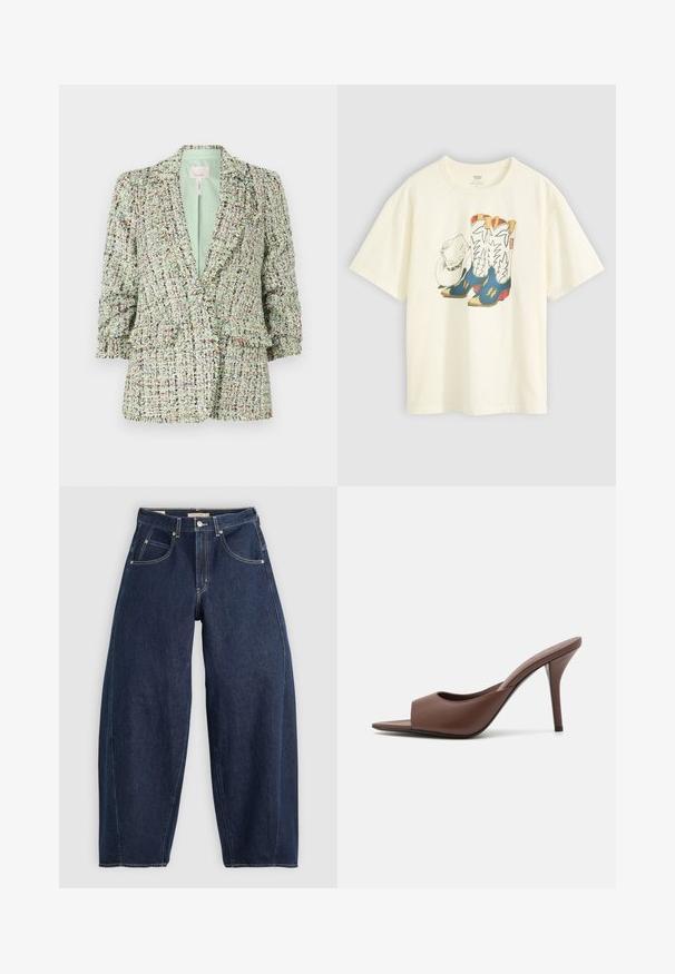 Zelena blazer z teksturo, izdelana iz tkanine z wove, obogatena z večbarvnimi odtenki. Ima zapiranje na dva gumba in rahlo napihnjene rokave.; Bela bombažna majica z grafiko kavbojk in klobuka. Kavbojke so modre z rumenimi detajli in belimi poudarki.; Temno modri kavbojasti hlače z ohlapnim krojem, svetlimi šivi, petimi žepi in gumbom za zapiranje na pasu.; Rjave usnjene mule z odprtim prstom in visokim peto, s športnim dizajnom, ki vključuje širok sprednji trak in tanek stiletto peto.