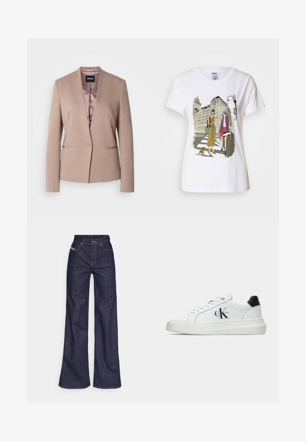 Blazer rose pâle avec revers cranté, fermeture à un bouton, deux poches avant et doublure en satin lisse. Tissu doux et texturé.; T-shirt en coton blanc avec une illustration imprimée de deux femmes en styles de mode urbaine, accompagnées d'un chien sur un passage piéton, avec des bâtiments de la ville en arrière-plan.; Jeans ample bleu foncé en denim avec taille haute, ornés de surpiqûres orange, d'un design à cinq poches et d'une fermeture à bouton.; Baskets basses blanches avec un tab de talon noir, semelle plateforme, lacets et logo "CK" de Calvin Klein sur le côté.