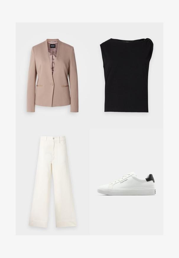 Blush pink blazer with a notched lapel, single button closure, two front pockets, and a smooth satin lining. Soft, textured fabric.; Black short-sleeve top made of smooth fabric. Features a round neckline and draped detail on the shoulder. Simple, fitted design.; Wide-leg trousers in light beige cotton. Features a high waist, front pockets, and a straight cut. Clean hem finishing without patterns.; White sneaker with a smooth finish, black heel accent, and lace-up design. Features "Calvin Klein" branding on the side. Minimalist style.