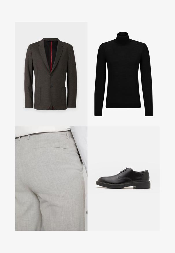 Tumehall müüri valmistatud tekstuurist kangast slim fit stiilis bleiser, millel on kaks eesmist taskut, kaks musta nuppu ja punane vooder.; Musthave muströid ja pehmest materjalist must turtleneck, millel on pikad varrukad ja tihe istuvus. Ribaga ääris allservas ja vöökohal. Lihtne disain.; Heledat hallid kohandatud püksid tekstuurse kangaga, millel on üks tagatasku ja puhas õmblus.; Must beemel levalis kingad ümarate varvastega, sileda pinnaga, minimaalsete õmblustega ja madala kummist kontsaga. Logo kontsa peal.