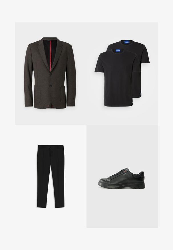 Donkergrijze blazer van gestructureerde stof met een slim fit, voorzien van twee vo pocketen, twee zwarte knopen en een rode binnenvoering.; Twee zwarte katoenen T-shirts met ronde hals, korte mouwen en blauwe "HUGO" labels op de kragen en zijsplitten.; Zwarte broeken met een tailleband met trekkoord, geplooide voorkant, taps toelopende pijpen en een gladde stoftextuur. Geen aanvullende patronen of details.; Zwarte leren sneaker met een gestructureerde bovenkant, gevoerde kraag en rode logo-details. Heeft een dikke rubberen zool met een opvallend loopvlakpatroon.