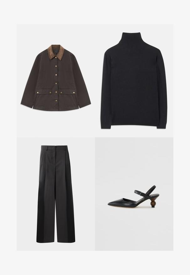 Bruine jas met een corduroy kraag, gouden accessoires, twee voorzakken en een knoopsluiting. Gemaakt van een gestructureerde, duurzame stof.; Zwarte coltrui gemaakt van zacht materiaal. Heeft lange mouwen, een hoge hals, en ribbelachtige boorden en onderkant voor een aansluitende look.; Zwarte wijde broek met hoge taille, met voorplooien, een gladde textuur en een nette afwerking. Ontworpen voor een ontspannen pasvorm.; Zwarte leren slingbackshoe met een spitse neus, gebogen ontwerp en een ronde, houtachtige hak. Voorzien van een smalle enkelband.