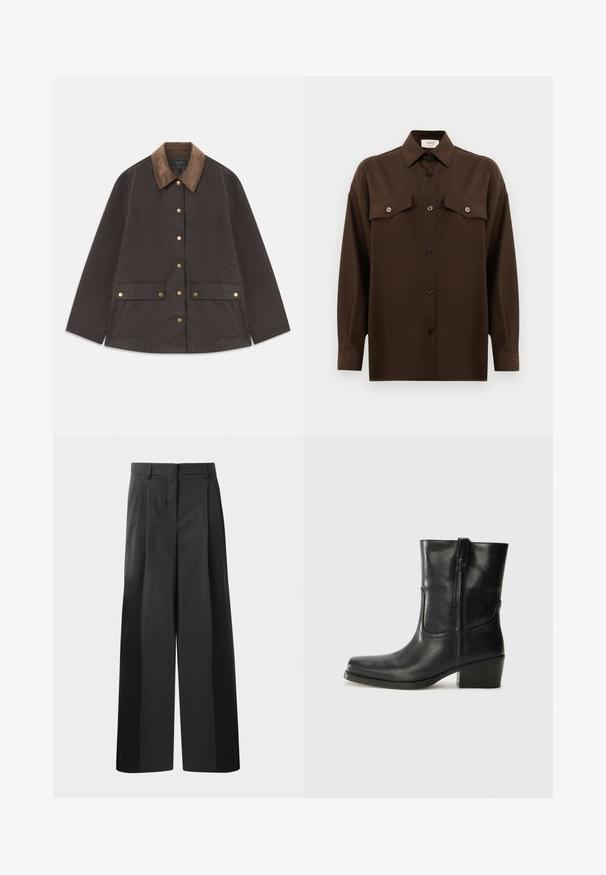 Brown jacket with a corduroy collar, gold hardware, two front pockets, and a button closure. Made from a textured, durable fabric.; Dark brown long-sleeve button-up shirt with two flap chest pockets and a classic collar, displayed against a plain white background.; Black wide-leg trousers with a high waist, featuring front pleats, a smooth texture, and a tailored finish. Designed for a relaxed fit.; Black leather ankle boot with a rounded toe, block heel, side zipper, and stitching accents on the vamp. Smooth texture, classic design.