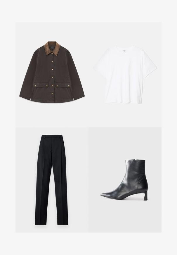 Giacca marrone con colletto in velluto a coste, hardware dorato, due tasche frontali e chiusura a bottone. Realizzata in un tessuto testurizzato e resistente.; T-shirt bianco in cotone con maniche corte, scollo rotondo, vestibilità comoda e orlo cucito. Etichetta visibile all'interno del colletto.; Pantaloni neri realizzati in tessuto morbido, caratterizzati da vita alta, gambe larghe, pince frontali e classiche passanti per cintura. Non ci sono tasche laterali visibili.; Stivaletto in pelle nera con punta affusolata e design elegante. Presenta un tacco basso e una chiusura con zip sul retro. Texture liscia.