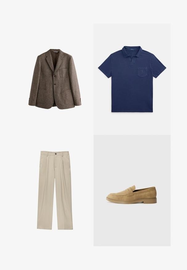 Brun houndstooth blazer med notch-lapel, to knapper og forlommer. Tekstureret stof med en glat inderside.; Navyblå poloshirt lavet af bomuld, med en slået krave, korte ærmer og en brystlomme med en lille logodetalje.; Beige bukser med lige snit, der har en enkelt sort knap, bæltestropper og sidelommer. Glat stoftekstur og minimalistisk design.; Tan ruskindsloafers med rund tå, lav blokhæl og syet detaljering på overdelen. Glat overflade og minimalistisk design.