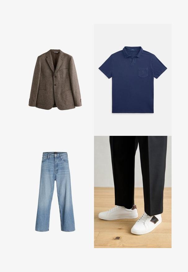 Brūna houndstooth žakete ar ieliektām lāpām, diviem pogām un priekšējiem kabatām. Strukturēta auduma ar gludu iekšējo odere.; Tumši zils kokvilnas polo krekls ar saliektu apkakli, īsām piedurknēm un krūšu kabatu ar nelielu logotipa detaļu.; Gaiši zili plaša kāju džinsi, kas izgatavoti no denima, ar augstu jostasvietu, klasisku piecu kabatu dizainu un pogu aizdari ar rāvējslēdzēju.; Baltā pārsoļa apavi ar gludu tekstūru, papildināti ar brūniem ādas akcentiem un melniem elementiem, savienoti ar melnām pielāgotām biksēm. Koka grīdas fons.