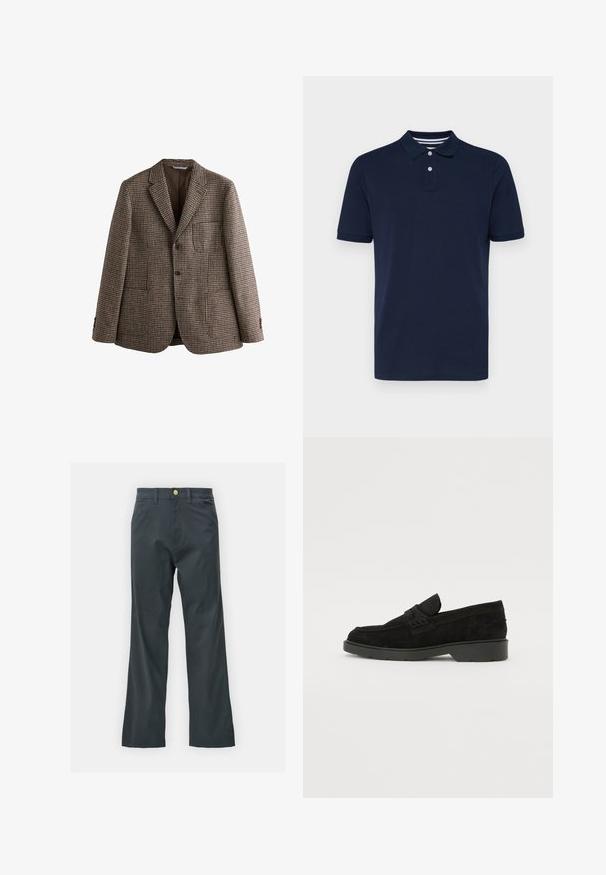 Rjav blejzer v houndstooth vzoru z izrezanimi klapami, dvema gumboma in sprednjimi žepi. Teksturovana tkanina z gladko notranjo podlogo.; Polo majica s kratkimi rokavi v mornarsko modri barvi, izdelana iz bombaža, z ovratnikom in tremi gumbi ter diskretno vodoravno črtastim vzorcem na ovratniku.; Črne hlače s ravnim krojem, izdelane iz mešanice bombaža. Imajo kovinsko zaponko in stranske žepe. Brez vidnih vzorcev.; Črne zakončene loafer čevlje z nizko peto, ki imajo preprost pas čez zgornji del in teksturno obdelavo ob straneh.