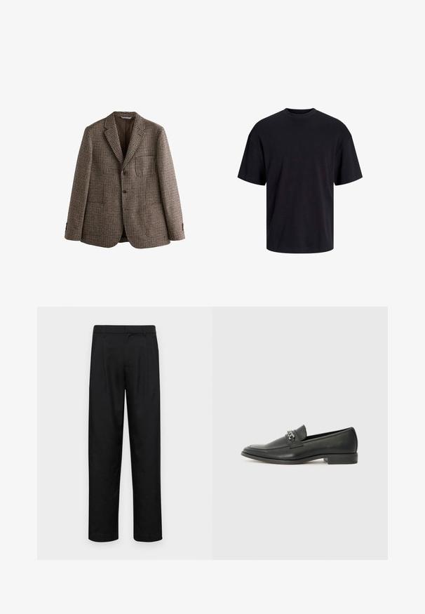 Brun houndstooth-blazer med kavajkrage, två knappar och framfickor. Strukturerad tyg med en slät innerfoder.; Svart bomullströja med rundad halsringning, korta ärmar och avslappnad passform. Slät textur utan synliga mönster eller detaljer.; Svarta byxor i slät väv, med rak ben-design, två framfickor och standardmidja med bälteshällor.; Svart läderloafers med en slät yta, med en sydd design och en dekorativ metallkedjeaccent över västen. Platt häldesign.