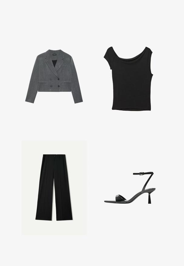 Grau cropped Blazer mit einem doppelt geknöpften Design, featuring zwei schwarze Knöpfe, Reverskragen und einem dezenten strukturierten Muster.; Schwarzes Kurzarmoberteil aus glattem Stoff; hat einen drapierten Ausschnitt und einen asymmetrischen Saum, mit einem figurbetonten Körper.; Bershka WIDE - Stoffhose - black; Bershka High Heel Sandalette - black