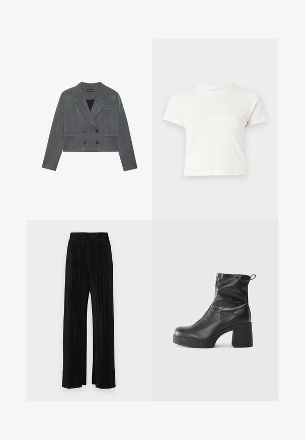 Sivi skratjeni sako s dvostrukim kopčanjem, s dva crna gumba, reverima i suptilnim teksturiranim uzorakom.; Kratka bijela majica izrađena od pamuka s kratkim rukavima, okruglim izrezom i ravnim rubom, koja se odlikuje glatkom teksturom i minimalnim dizajnom.; Crne plisirane hlače s elastičnim pojasom. Imaju široke nogavice i glatku, teksturiranu tkaninu s vertikalnim prugama.; Crne gležnjače od glatke kože, s bočnim zatvaračem, debelim teksturiranim potplatom i dizajnom s zaobljenim prstima.
