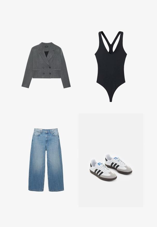 Sivina skrajšana blazer jakna z dvojnim gumbom, ki vsebuje dva črna gumba, zarezan ovratnik in subtilen teksturiran vzorec.; Črn enodelni kopalniški kostim z globokim V-izrezom in prečnimi naramnicami. Narejen iz gladkega materiala z eleganco in oprijetim krojem.; Svijetloplave široke traperice napravljene odDenima, s klasičnim dizajnom pet džepova i zatvaranjem na gumbe. Ispucala tekstura kroz cijelu površinu.; Športni čevlji z belim usnjenim zgornjim delom, sivim semišem na prstih in tremi črnimi črtami. Imajo modro logo na jeziku in teksturiran gumijast podplat.