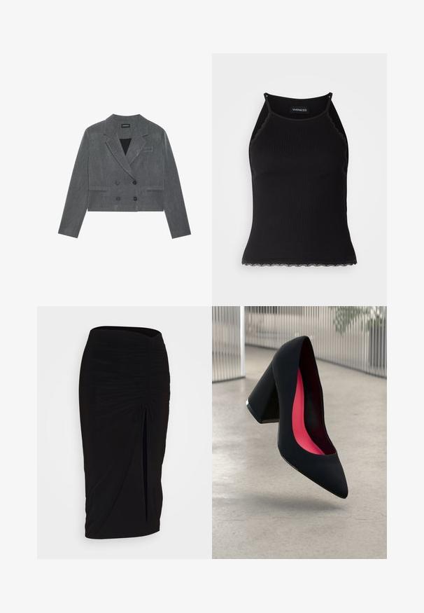 Sacou gri scurt cu un design dublu-breasted, având două butoane negre, rever cu decupaj și un model texturat subtil.; Top de bumbac negru cu nervuri, cu dantelă ondulată la margine. Are bretele subțiri și un design ajustat. Fabricat din material elastic.; Fustă creion neagră, plisată, cu detalii cu fundă și o fanta laterală. Fabricată dintr-un material elastic, cu o textură netedă și un design care se mulează pe corp.; Cămașă cu toc înalt, neagră, cu vârful ascuțit, suprafață texturată și interior de un roz vibrant. Dispune de un toc gros cu accent argintiu.