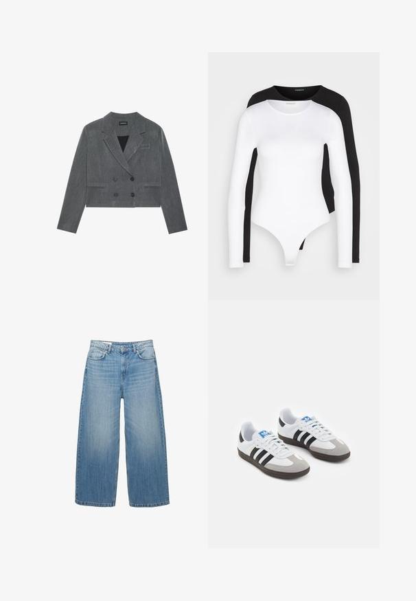 Blazer grigio corto con design doppiopetto, dotato di due bottoni neri, reverse a scollo e un motivo sottile testurizzato.; Body a maniche lunghe bianco e nero con scollatura rotonda. Realizzato in tessuto morbido ed elastico, presenta una parte inferiore in stile perizoma e maniche aderenti.; Jeans a gamba larga di un blu chiaro in denim, con un classico design a cinque tasche e chiusura con bottone. Texture scolorita in tutta la superficie.; Scarpe sportive con tomaia in pelle bianca, punta in suede grigia e tre strisce nere. Presentano un logo blu sulla linguetta e una suola in gomma testurizzata.