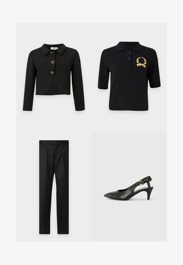 Zwarte cropped jack met een ronde kraag, vier vierkante knopen met goudaccenten en lange mouwen, gemaakt van een gladde stof.; Zwarte polo met korte mouwen, gemaakt van zachte stof, met een kraag, drie knopen en een gouden lauwerkrans-embleem op de linkerkant van de borst.; Zwarte broek van soepele stof, met een nauwsluitend ontwerp, rechte benen en een platte tailleband zonder zichtbare sluitingen of zakken.; Zwarte leren slingback pump met een puntige neus, kleine hak en een gesp detail op de enkelband. Glad textuur, minimalistisch ontwerp.