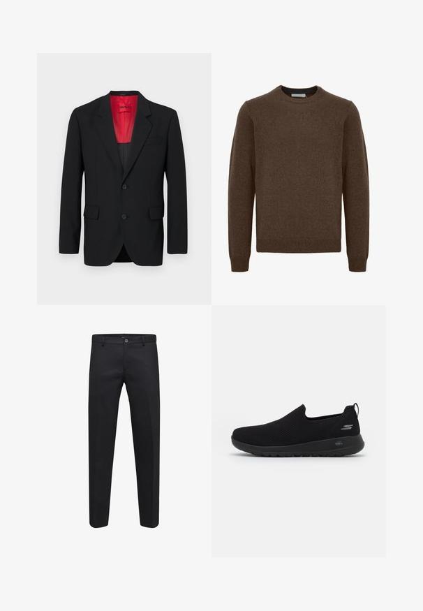 Mustast blazers, mis on valmistatud siledast kangast, punase voodriga, kahe esitasku ja kahe nööbiga. Nurgelised kraed annavad struktureeritud detaili.; Pruun kudumissedel, ümmarguse kaeluse, pikkade varrukate, soonikkoes krae ja hemiga. Valmistatud pehmest, tekstuurist materjalist. Mustrid ja aksessuaarid ei ole nähtavad.; Mustad kohandatud püksid, mis on valmistatud siledast kangast ja millel on nööbilukk, vöökonksud ning küljetaskud, otse jalgade disainiga.; Mustad musta libisemisega sneaker, millel on hingav võrkkate, ümar varvas ja pehmendatud kummist tald. Külgedel on logo.
