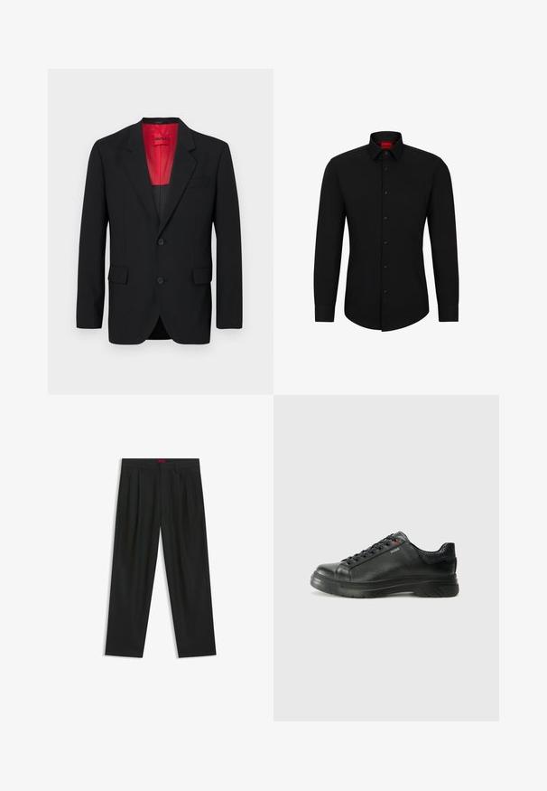 Svart blazer av slätt tyg, med röd foder, två framfickor och två knappar. Klapparna har en markerad detalj.; Svart långärmad skjorta med knäppning fram, klassisk krage och rundad nederkant; har svarta knappar och en röd logotyp inuti kragen.; Svarta byxor med vikta detaljer, bred benform och en slät textur. Har en röd midjebandsetikett.; Svart lädersneaker med texturerad ovandel, vadderat krage och röd logotypdetalj. Utrustad med en tjock gummisula med distinkt mönster.