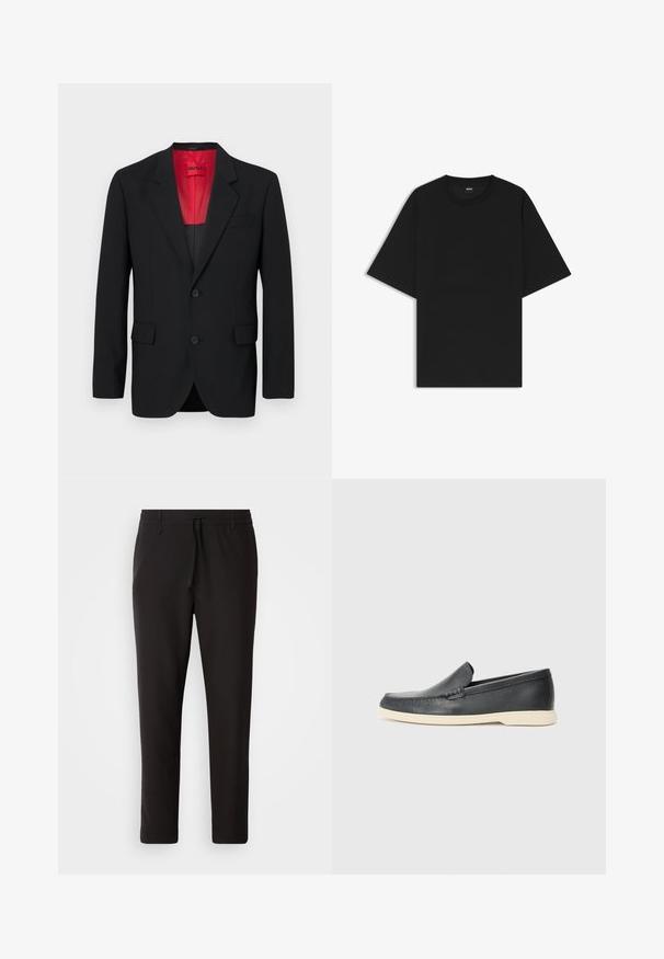 Black blazer made of smooth fabric, featuring a red lining, two front pockets, and two buttons. Notched lapels add structured detail.; Black short-sleeve crew neck T-shirt with a relaxed fit and a small "BOSS" label on the inside collar.; Black jogger pants made of smooth fabric. Feature an elastic waistband with a drawstring, tapered legs, and no visible pockets. Simple design.; Black leather slip-on loafers with a textured finish and a contrasting beige rubber sole. Features a subtle accent along the front.