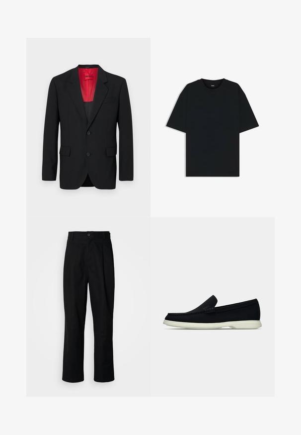 Schwarzer Blazer aus glattem Stoff, mit roter Fütterung, zwei Fronttaschen und zwei Knöpfen. Eingeschnittene Revers verleihen eine strukturierte Detail. ; Schwarzes Baumwoll-T-Shirt mit rundem Halsausschnitt und kurzen Ärmeln. Verfügt über einen lockeren Schnitt und ein schlichtes Design ohne Muster oder Akzente.; Schwarze gerade geschnittene Hosen mit einem Knopfverschluss, Gürtelschlaufen und Vorderfalten, vor einem schlichten weißen Hintergrund präsentiert.; Schwarzer Slipper mit runder Zehenpartie, präsentiert sich mit einem strukturierten Obermaterial, glatter weißer Sohle und einem dezenten Branding-Detail an der Seite.