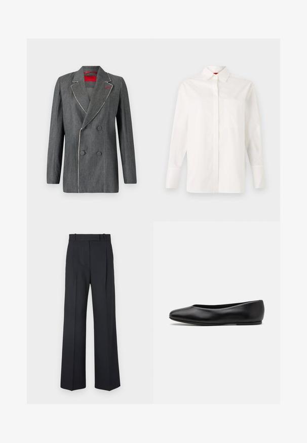 Grå denim dobbeltradet blazer med kontrasterende hvid syning, slå-om krave og rød foer. Har rundede knapper og struktureret design.; Hvid langærmet skjorte lavet af bomuld, med klassisk krave, enkelt brystlomme og knaplukninger ved manchetterne. Glat tekstur, lige snit.; Mørkeblå stribede bukser med høj talje, vidde bendesign og ingen synlig hardware eller dekorationer. Glat tekstur og skræddersyet pasform.; Paul Smith TOPANGA - Ballerinasko - black