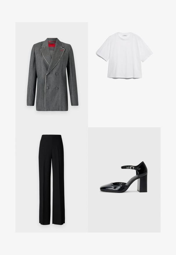 Grå denim dobbeltradet blazer med kontrasterende hvid syning, slå-om krave og rød foer. Har rundede knapper og struktureret design.; Hvid bomulds t-shirt med korte ærmer, rund halsudskæring, afslappet pasform og ingen synlige mønstre eller grafik. Glat tekstur og enkelt design.; Sorte vide benbukser med en glat tekstur, der har en høj talje og centerfolder. Ingen synlige mønstre eller hardware detaljer.; Sorte patenterede læder højhælede sko med firkantet tå, ankelrem og en kraftig hæl. Inkluderer perforerede detaljer langs kanten.